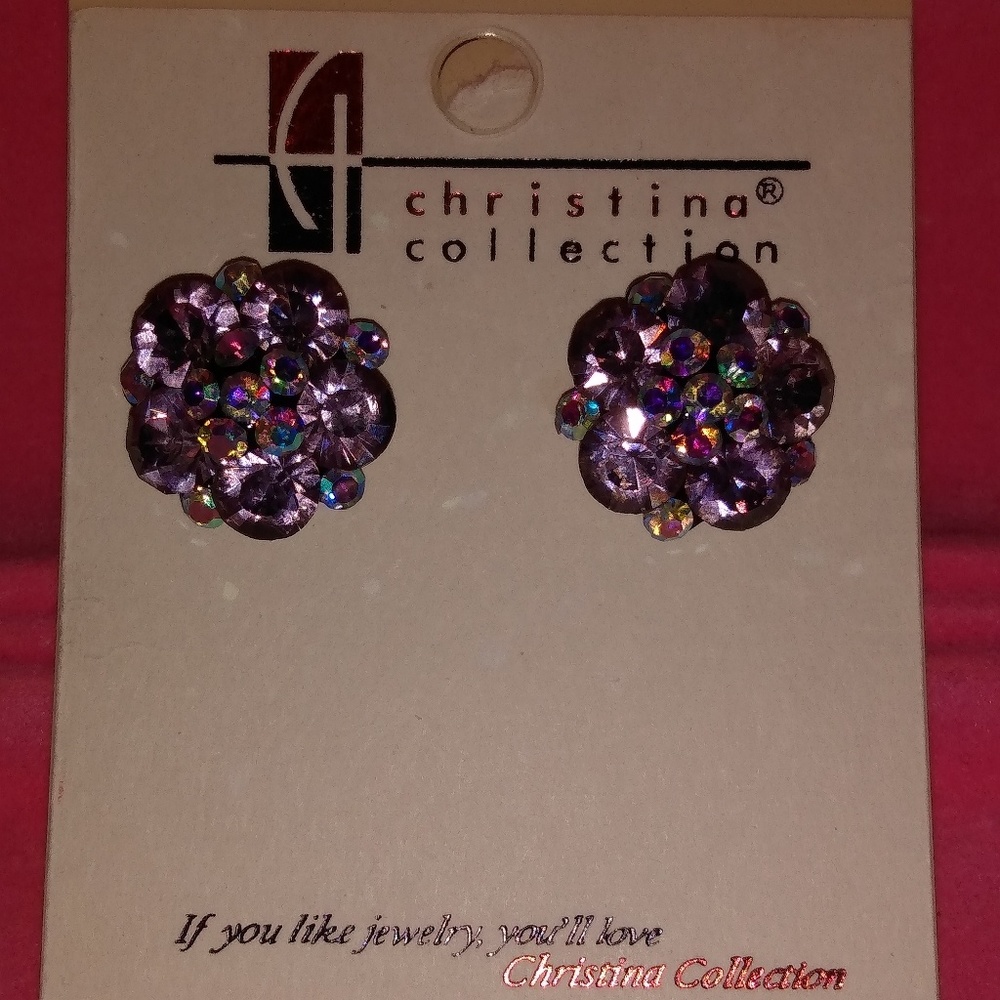 Purple flower bling sparkle pierced earrings NEW